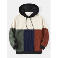 Mens Color Block Ribbed Double Pocket Long Sleeve Hoodies