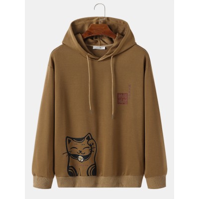 Mens Japanese Cat Letter Printed Long Sleeve Hooded Sweatshirts