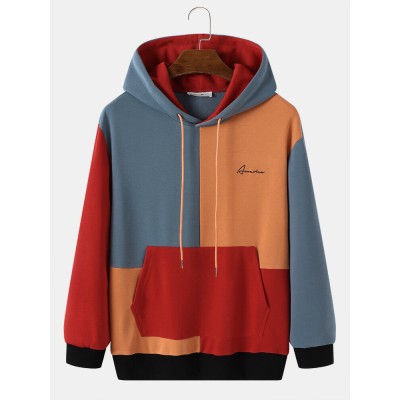 Mens Letter Vivid Color Kangaroo Pocket Long Sleeve Hooded Sweatshirts