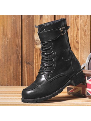 Men PU Non Slip Side Zipper Lace Up Retro Casual Boots