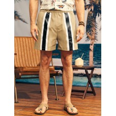 Men Striped Print Belted Wide Legged Above Knee Length Casual Shorts