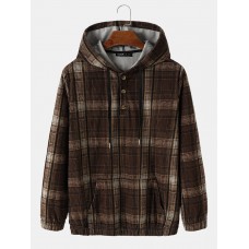 Mens Plaid Corduroy Half Button Preppy Drawstring Hoodies