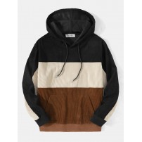 Mens Colorblock Quarter Corduroy Kangaroo Pocket Long Sleeve Hoodies