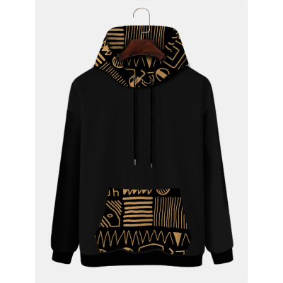 Mens Ethnic Printed Kangaroo Pocket Long Sleeve Hooded Sweatshirts