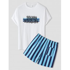 Men Letter   Striped Print Short Sleeve Beachwear Suits